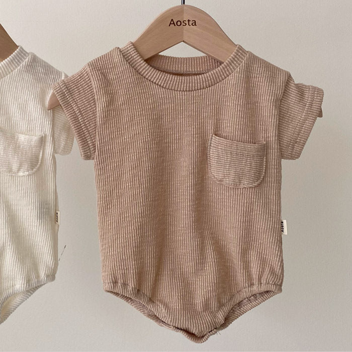 Children'S Clothing T-Shirt Summer Baby Clothes Solid Color Triangle Bag Fart Baby Romper-Loose Short-Sleeved Casual Children'S Pants in beige.
